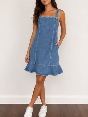 Ganni Denim Mini Dress Ruffle Hem Blue Strappy Shift Dress XS
